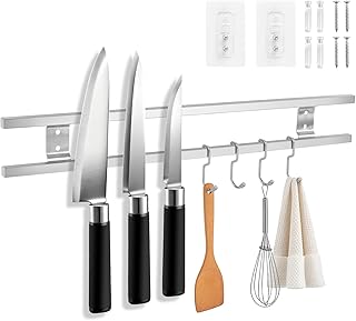 Inch Magnetic Knife Holder with 4 Hooks, Dual Rod St...